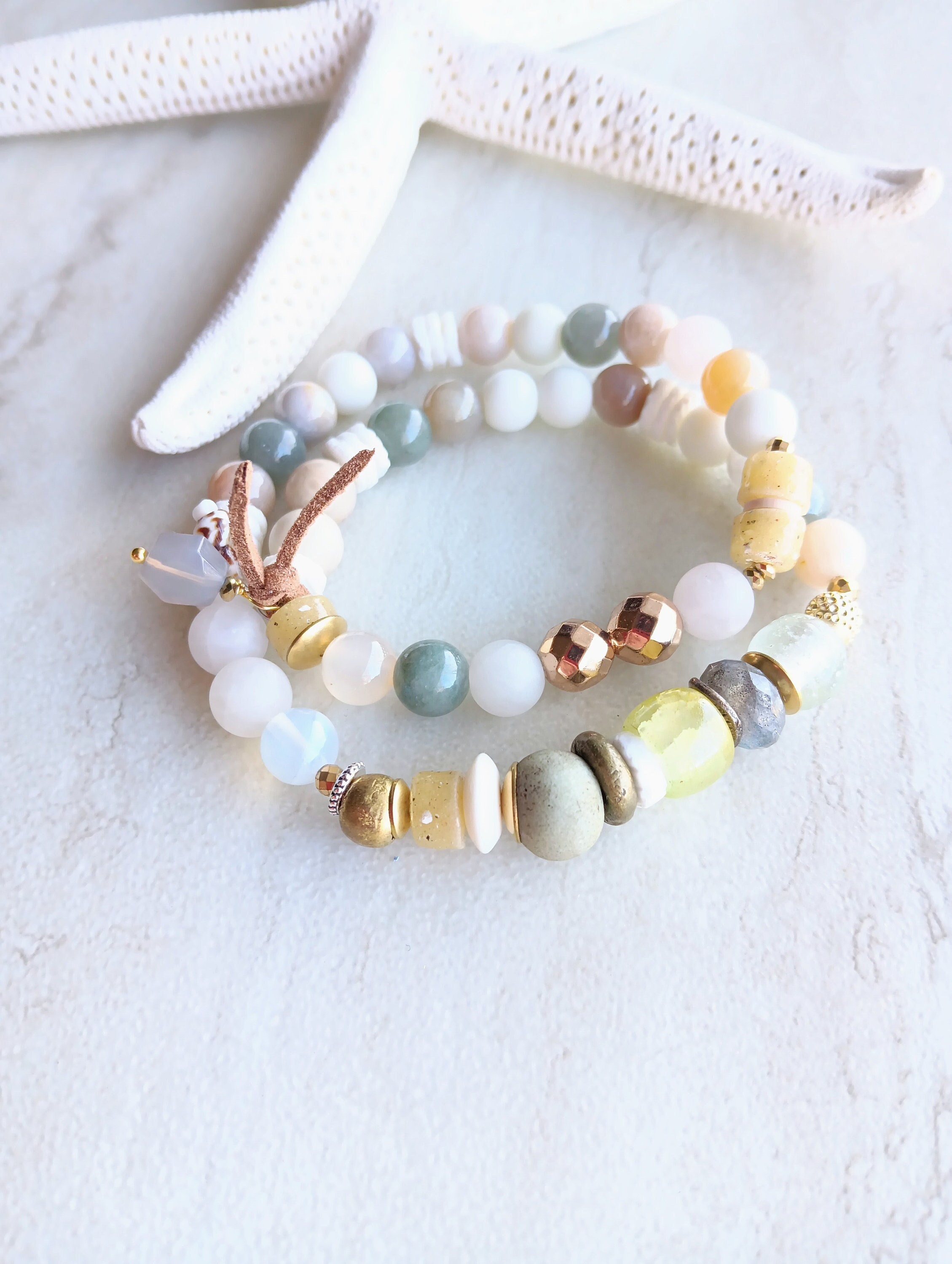 Serenity Washed Over Me Double Wrap Bracelet | Handmade Lampwork Beads, AA Labradorite, Ocean Jaspers, Matte Rose Quartz