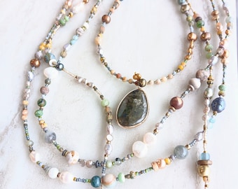 SPLASH Double Layer Necklace | Several Opals, Fresh Water Pearls, Prehnite, Agate