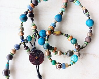 Something Just Moved In the Water Necklace, Triple Wrap, & Bracelet | Recycled Glass, Turquoise, Tigereye, Malachite