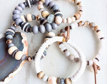 I Suggest We Start Running Now Stack Bracelets | Bone, Labradorite, Sea Shell, Several Agates