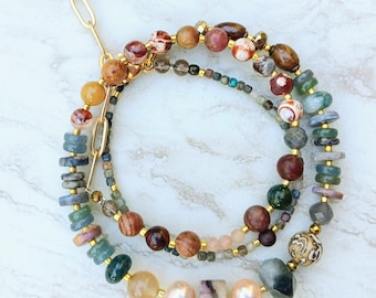 Oktoberfest Triple Wrap Bracelet | Turquoise, Australian Opal, Labradorite, Pearls, Jasper, Jade