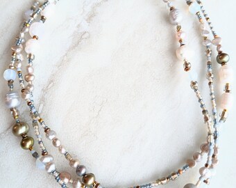 Pearls of Wisdom Extra Long Necklace | Fresh Water Pearls, Iridescent Opal, Cracked Agate