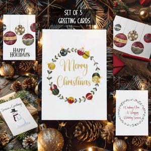 Christmas Greeting Card Set, Watercolor Holiday Multi-Design Greeting Cards (5-Pack), Set of cards, Xmas Cards with envelopes