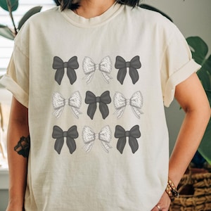 neutral coquette bow tshirt,black and silver bow shirt, comfort colors tee,girly girl balletcore apparel,gift for teen,toile bow style shirt