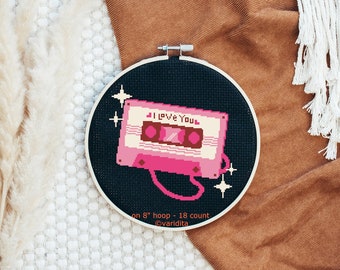 Cross Stitch Pattern Digital Download Cute Cassette Tape I Love You PDF File Retro Modern Pop Art Oldies Pink Music Player Easy Beginner