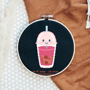 Cross Stitch Pattern Digital Download Cute Boba Kawaii Bubble Pearl Tapioca Tea Drink Rainbow Colorful Colors PDF Modern File DMC Pink