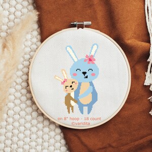 Cross Stitch Pattern Digital Download Cute Mother Mom Animal Parent Kid Child Bunny Rabbit Daughter Ribbon Toddler Baby Day PDF File Nursery