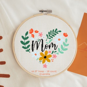 Cross Stitch Pattern Digital Download Cute Mother Mom Flower Floral Leaf Appreciation Day PDF File Beautiful Modern Heart