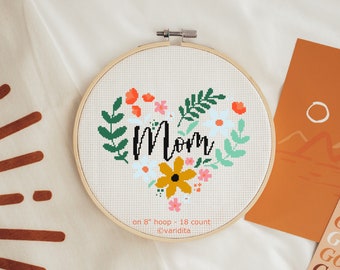 Cross Stitch Pattern Digital Download Cute Mother Mom Flower Floral Leaf Appreciation Day PDF File Beautiful Modern Heart