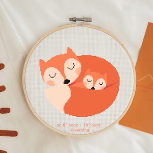 Cross Stitch Pattern Digital Download Cute Mother Mom Animal Parent Kid Child Fox Daughter Son Toddler Cuddle Baby Sleeping Sleepy Day PDF
