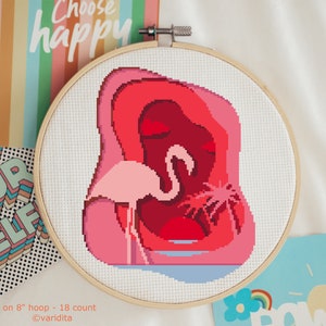 Cross Stitch Pattern Digital Download Cute Flamingo Bird Pink Red Animal Modern Cool Sunset Sun Sea Lagoon Lake Office PDF File Tropical