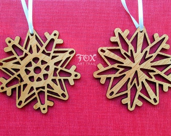 Laser cut Cherry Wood Premium Veneer MDF Snowflake Ornaments, Set of 2 Holiday Ornaments, Gift for Winter Newly Weds or New Home