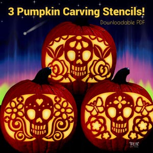 May include: Three carved pumpkins with illuminated skull designs. The pumpkins are a deep orange color, and the carved designs include skulls, flowers, and other decorative elements. The text "3 Pumpkin Carving Stencils!" is at the top.