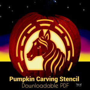 May include: A carved pumpkin with a horse head design, illuminated from within. The pumpkin is a deep red-orange color, with the horse head and surrounding design in a lighter orange. Text at the bottom reads "Pumpkin Carving Stencil Downloadable PDF".