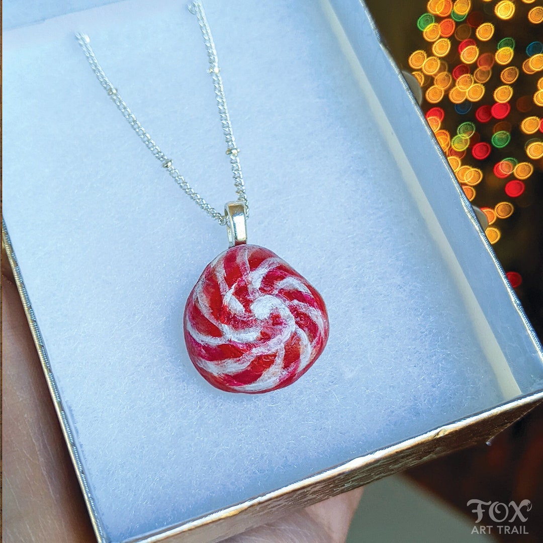 Candy Peppermint Rock Necklace, Cute Festive Painted Stone Pendant, Red