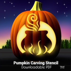 May include: An orange pumpkin with a carved design, lit from within, set against a dark blue and purple night sky. The design features a flame and swirl pattern. Text at the bottom reads "Pumpkin Carving Stencil - Downloadable PDF".