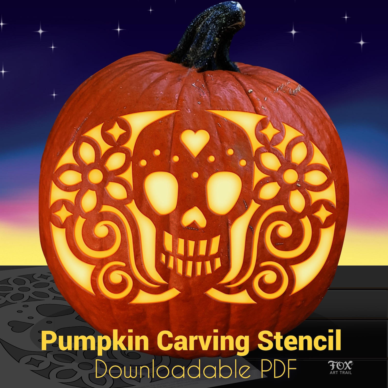 Sugar Skull Pumpkin Carving Stencil Día De Muertos Design (PDF Pattern