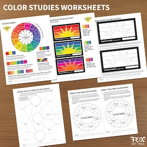Puede incluir: Un conjunto de hojas de trabajo de estudios de color, que incluyen una rueda de color, una paleta de mezcla y actividades para explorar colores análogos. Las hojas de trabajo presentan diagramas e instrucciones para la educación artística. El texto "COLOR STUDIES WORKSHEETS" está en la parte superior.