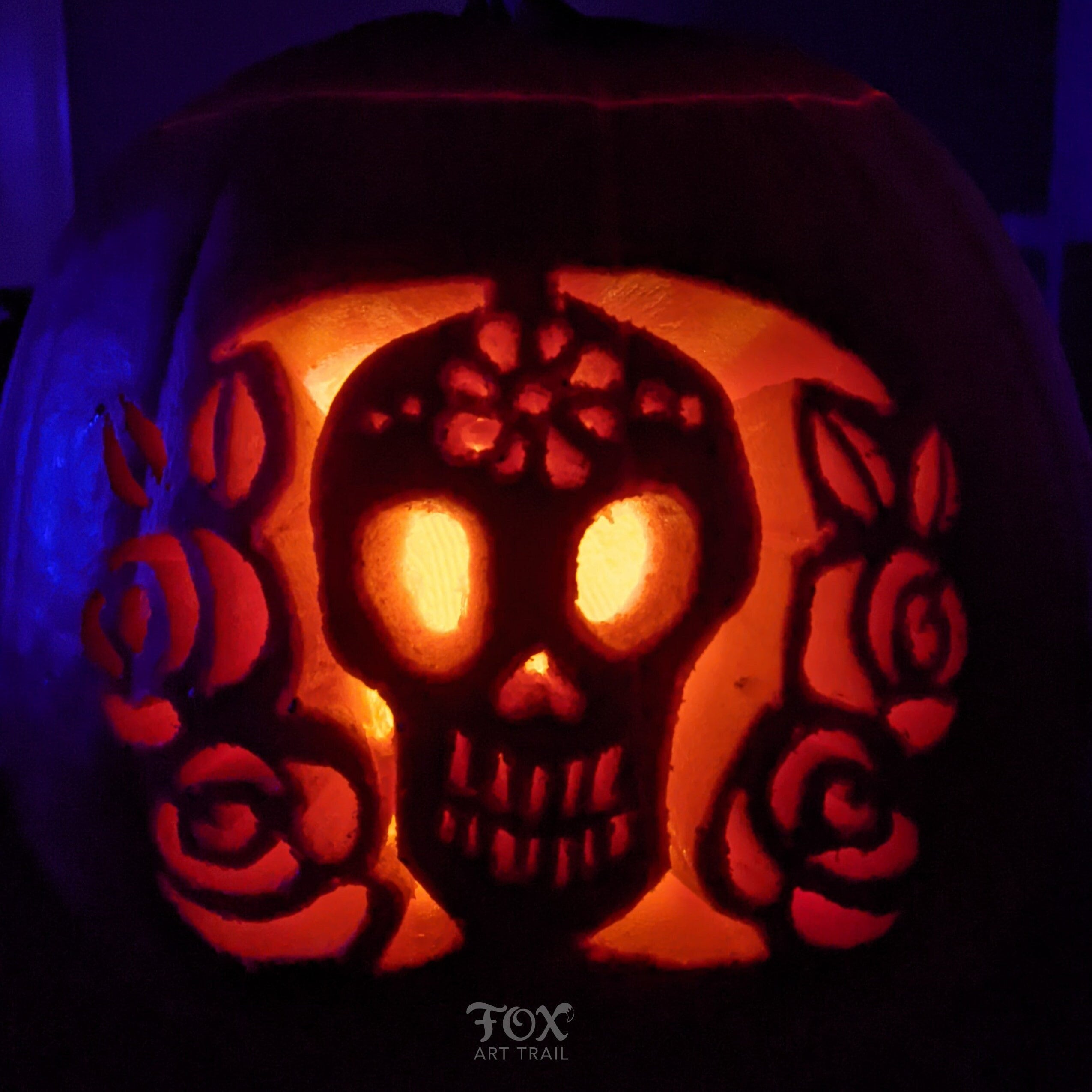 pumpkin carving stencil for halloween, sugar skull and roses jack
