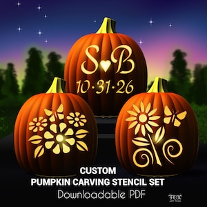 Custom Initials Pumpkin Carving Stencil: Romantic Floral Template (PDF Downloadable Package Set of 3)