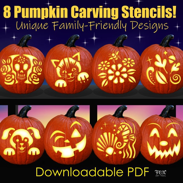 Family-Friendly Pumpkin Carving Patterns, Downloadable Jack-O-Lantern Templates, Skull, Cat, Flowers Bee, Fall Magic, Dog, Seahorse, Faces