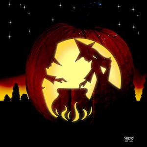 Witchy Brewing Pumpkin Carving Stencil, Sister Coven Jack-O-Lantern Template, Halloween Pumpkin Pattern, Pumpkin Carving Idea, Pumpkin Party