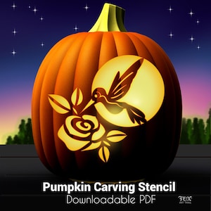 May include: An orange pumpkin carving stencil featuring a hummingbird and rose design, illuminated against a yellow moon. The pumpkin has a green stem and is set against a night sky background. Text at the bottom reads "Pumpkin Carving Stencil" and "Downloadable PDF".