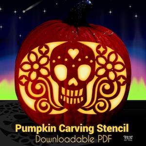 May include: A carved pumpkin with a Day of the Dead skull design. The pumpkin is a deep red color, with the skull and floral patterns illuminated in a warm, inviting glow. The text "Pumpkin Carving Stencil" is visible at the bottom.