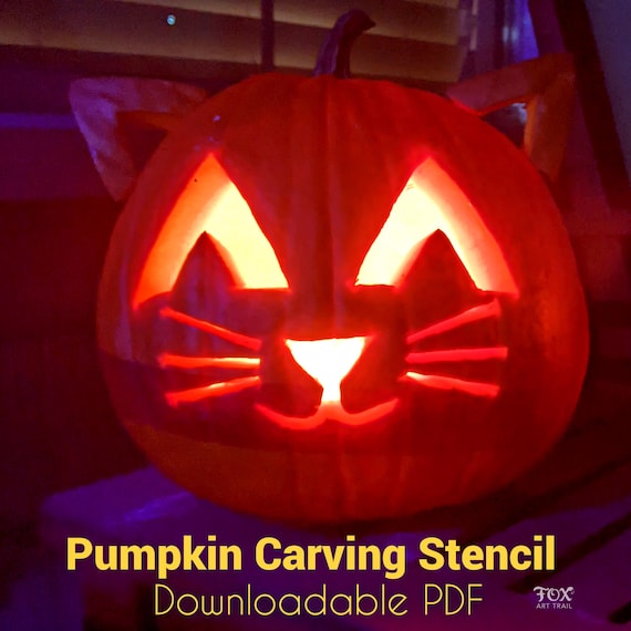 Cat with Cutout Ears Pumpkin Carving Stencil: Cute Kitty Jack-O-Lantern Template (PDF Pattern)