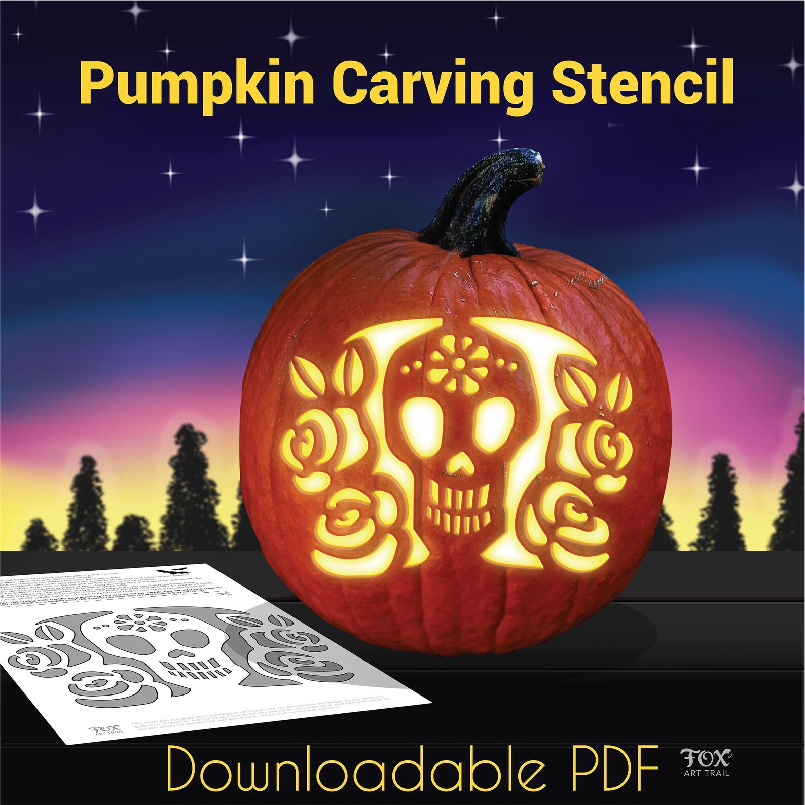 Sugar Skull Pumpkin Carving Stencil Halloween Jack O' Lantern (PDF