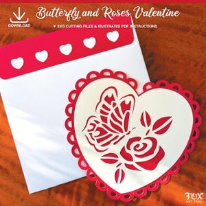 SVG de mariposas y rosas, tarjeta y sobre de bricolaje para el Día de San Valentín con corazones románticos, hermosa papelería sentimental de estilo vintage simple con amor