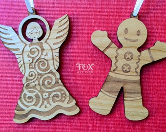 Angel and Gingerbread Man Cherry Wood Premium Veneer MDF Ornaments, Holiday Ornaments, Gift for Newly weds or new home, Cute Christmas Decor