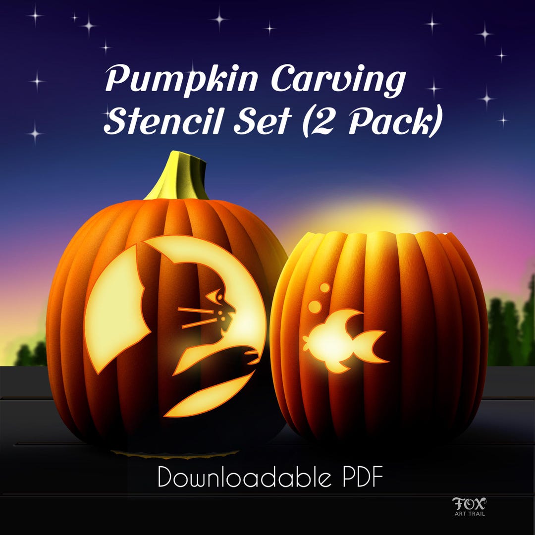 Kitten and Fish Pumpkin Carving Stencils 2 Pack Jack O' Lantern