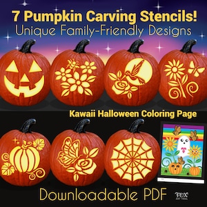 Könnte beinhalten: Sieben orangefarbene Kürbisse mit geschnitzten Designs, darunter ein Kürbisgesicht, Blumen und ein Spinnennetz. Das Bild zeigt auch eine farbenfrohe Malvorlage mit Halloween-Illustrationen. Der Text lautet "7 Pumpkin Carving Stencils!" und "Downloadable PDF."