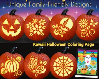 May include: Seven orange pumpkins with carved designs, including a jack-o'-lantern face, flowers, and a spiderweb. The image also features a colorful coloring page with Halloween-themed illustrations. Text reads "7 Pumpkin Carving Stencils!" and "Downloadable PDF."