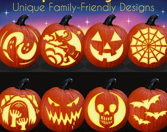 May include: Eight carved pumpkins with unique designs for Halloween. The pumpkins are orange with black stems and feature various cut-out designs, including a ghost, witch, jack-o'-lantern face, spiderweb, and skull. Text reads "8 Pumpkin Carving Stencils!" and "Downloadable PDF."