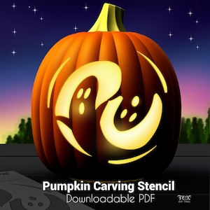 May include: A digitally rendered orange pumpkin with a carved ghost design, illuminated from within. The text "Pumpkin Carving Stencil" and "Downloadable PDF" is displayed at the bottom. The background shows a night sky with stars.