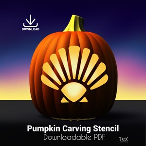 May include: An orange pumpkin with a carved seashell design, a yellow stem, and the words "Pumpkin Carving Stencil Downloadable PDF". A download icon is in the upper left corner. The Fox Art Trail logo is in the lower right corner.