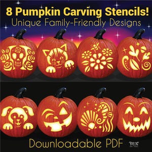 Family-Friendly Pumpkin Carving Patterns, Downloadable Jack-O-Lantern Templates, Skull, Cat, Flowers Bee, Fall Magic, Dog, Seahorse, Faces