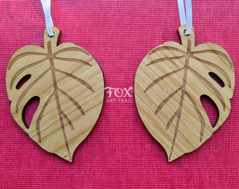 Monstera Leaf Wood Ornaments, Botanical Ornaments, Gift for Newlyweds or new home, Country style laser cut Cherry Wood Veneer Holiday Decor