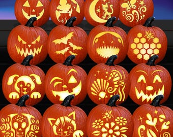 May include: Sixteen orange pumpkins with various carved designs for Halloween. Designs include a jack-o'-lantern face, bats, a cat, and floral patterns. The text "16 Pumpkin Carving Stencils!" and "Downloadable PDF" are visible.