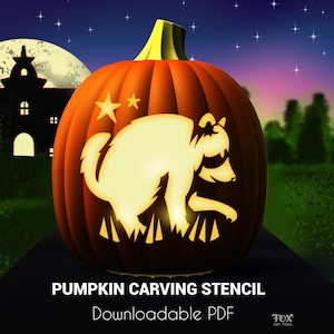May include: A digital illustration of an orange pumpkin with a carved raccoon design and two stars. The text PUMPKIN CARVING STENCIL and Downloadable PDF appear below the pumpkin, with the logo FOX ART TRAIL in the bottom right corner.