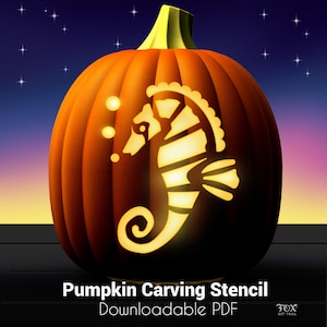 Seahorse Pumpkin Carving Downloadable Template, Pretty Sea Themed Pumpkin Jack O&#39; Lantern Stencil to Print at Home, Halloween DIY Craft