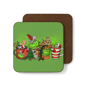 Christmas Coaster Set | Grinch Holiday Decor | Unique Xmas Present | Cartoon Holiday Coasters | Coaster Set Hardboard Back Coaster