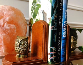 Owl bookends , brass and wood owl bookends