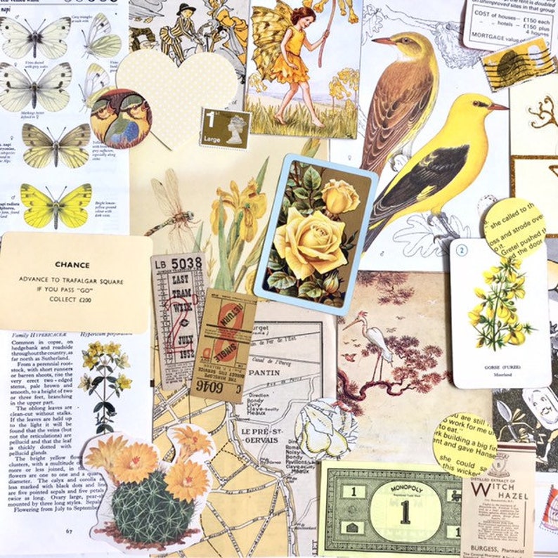 May include: A collection of vintage ephemera featuring yellow butterflies, a yellow bird, a yellow rose, a dragonfly, a train ticket, a map, a Monopoly game piece, and a card with the text "Chance" and "Advance to Trafalgar Square".