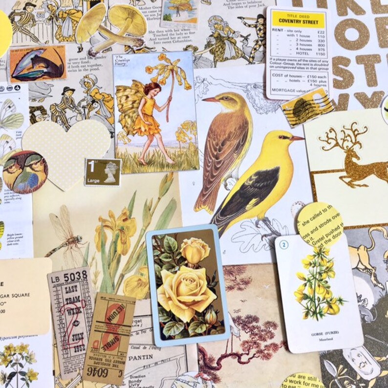 May include: A collage of vintage images featuring yellow flowers, birds, a fairy, a dragonfly, and a game board. The game board is titled "Coventry Street" and includes instructions for playing a property game. The collage is a mix of paper and cardstock, with a variety of textures and patterns.