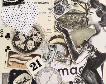 May include: A collage of black and white images, including a heart with polka dots, a badger, a woman in a dress, a train station sign, a playing card, and a compass. The collage is on a white background.