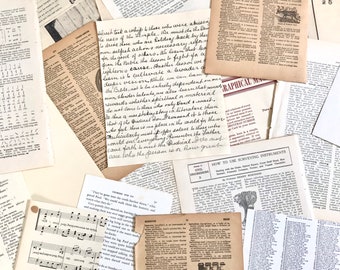 May include: A collection of vintage paper ephemera, including pages from books, sheet music, and a map. The papers are in various shades of brown, cream, and white, and some have handwritten notes.