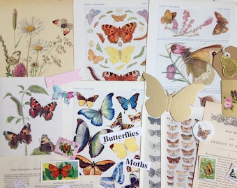 Butterfly and moth themed ephemera | Vintage paper pack | Nature Collage | Scrapbooking kit | Journal supplies